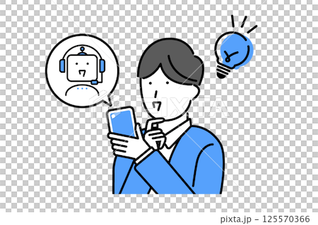 Illustration of a man solving a problem using conversational AI on a smartphone 125570366