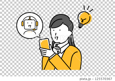 スマートフォンの対話型AIを使って問題解決をした女性のイラスト スマートフォンの対話型AIを使って問題解決をした女性のイラスト 125570367