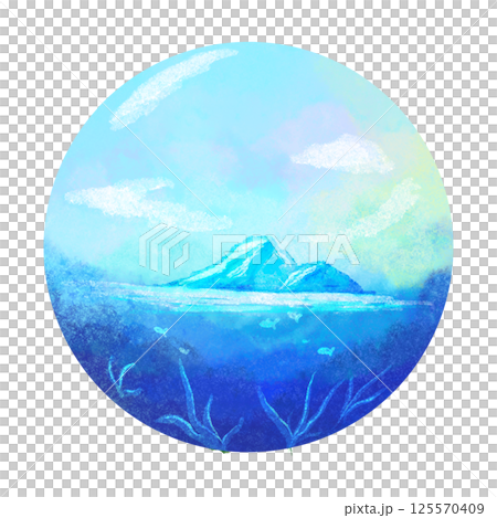 Ice mountain and ocean artistic illustration, blue nature scene in circular frame Ice mountain and ocean artistic illustration, blue nature scene in circular frame 125570409
