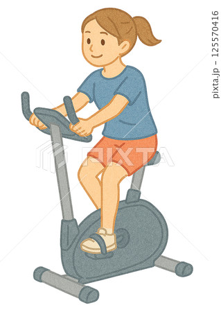 フィットネスバイクをこぐ女性の水彩イラスト（スポーツ・運動素材） 125570416