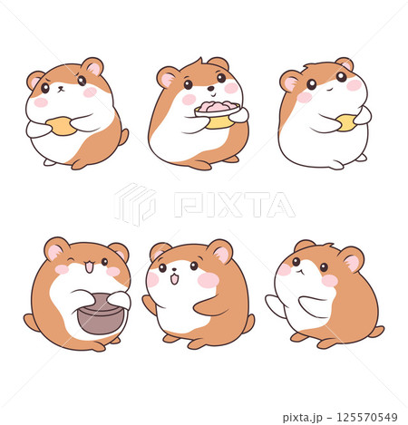 Set of Cute Kawaii Orange Little Hamster Mouse Animal Cartoon Character with Potato Food in Bowl 125570549