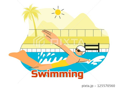 Swimming Pool Vector Illustration featuring a Summer Vacation Landscape Concept with Swimming Activities, Water Sports, and Fun Recreation 125570560