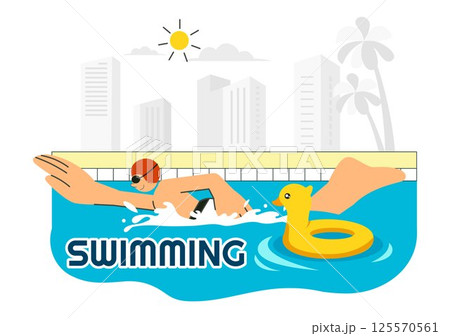 Swimming Pool Vector Illustration featuring a Summer Vacation Landscape Concept with Swimming Activities, Water Sports, and Fun Recreation 125570561