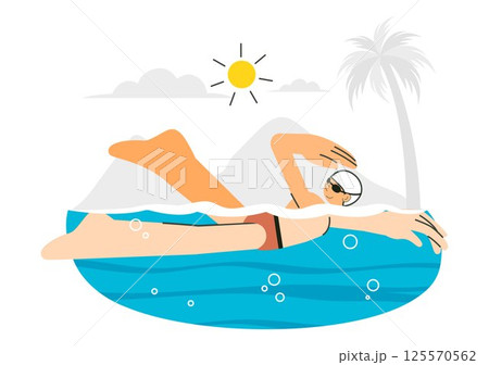Swimming Pool Vector Illustration featuring a Summer Vacation Landscape Concept with Swimming Activities, Water Sports, and Fun Recreation 125570562