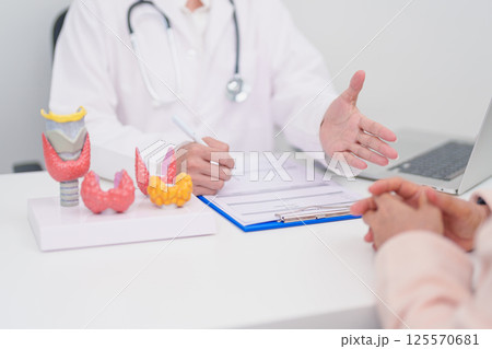 Elderly Patient consulting and Diagnosis with Doctor to Thyroid disease. Anatomy Thyroid model for Hyperthyroidism, Hypothyroidism, Hashimoto Thyroiditis, Thyroid Tumor and Cancer, Papillary Carcinoma 125570681