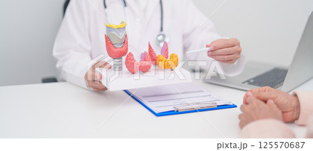 Elderly Patient consulting and Diagnosis with Doctor to Thyroid disease. Anatomy Thyroid model for Hyperthyroidism, Hypothyroidism, Hashimoto Thyroiditis, Thyroid Tumor and Cancer, Papillary Carcinoma Elderly Patient consulting and Diagnosis with Doctor to Thyroid disease. Anatomy Thyroid model for Hyperthyroidism, Hypothyroidism, Hashimoto Thyroiditis, Thyroid Tumor and Cancer, Papillary Carcinoma 125570687