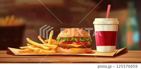 Delicious fast food meal with mouthwatering french fries, sauce, and burger on cardboard plate Delicious fast food meal with mouthwatering french fries, sauce, and burger on cardboard plate 125570859