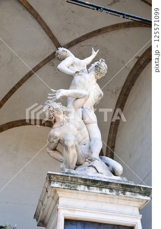 Ancient stone carvings on the famous Florence City Hall Square in Italy 125571099