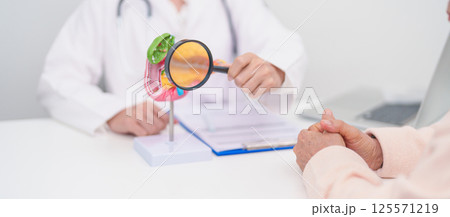 Elderly Patient consultation with doctor for Pancreas, Gallbladder, Bile Duct, Duodenum, Small intestine. Pancreatic cancer, Acute and Chronic pancreatitis, Digestive system and medical healthcare Elderly Patient consultation with doctor for Pancreas, Gallbladder, Bile Duct, Duodenum, Small intestine. Pancreatic cancer, Acute and Chronic pancreatitis, Digestive system and medical healthcare 125571219