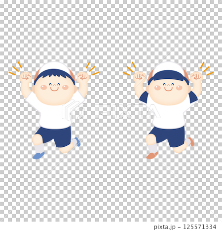 Illustration of a child in gym clothes posing with fist pump Illustration of a child in gym clothes posing with fist pump 125571334