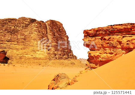 Wadi Rum desert in Jordan, isolated on white background. 125571441