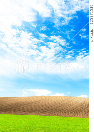 爽やかな青空と雲と広大な畑のある北海道美瑛町のシンプルな風景 125571539