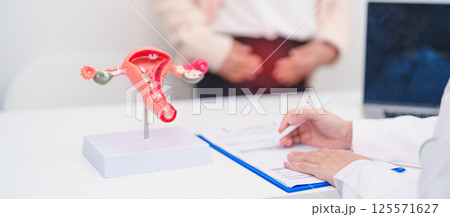 Elderly Woman patient consulting doctor with anatomy Uterus and Ovaries. Ovarian and Cervical cancer, Cervix disorder, Endometriosis, Hysterectomy, Uterine fibroids, Reproductive system and Pregnancy 125571627