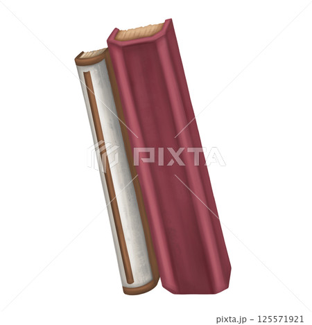 Pile of old book in a cover with aged pages. A library and home interior item. School and university supplies, research and teaching. Handmade illustration on white background 125571921