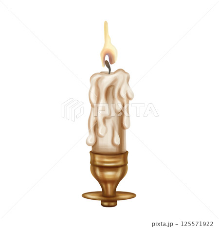 Golden metal candelabra with a long burning candle. Decoration in victorian gothic old victorian design. Research archive, Royal library. Handmade illustration on white background 125571922
