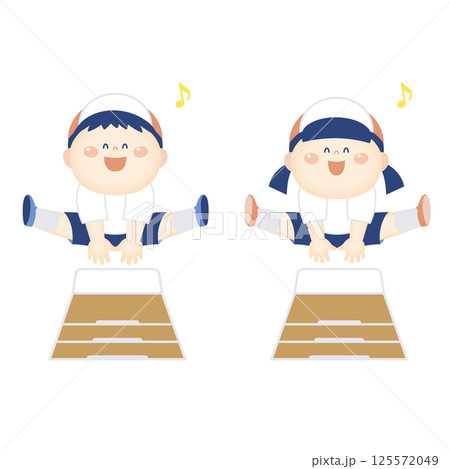 跳び箱を飛んでいる体操服の子供のイラスト 跳び箱を飛んでいる体操服の子供のイラスト 125572049