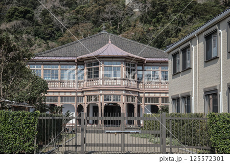 March 23 2025 Traditional Architected Building Surrounded by Greenery and Utility Poles 125572301