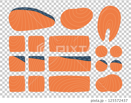 一組各種形狀的鮭魚片 一組各種形狀的鮭魚片 125572437