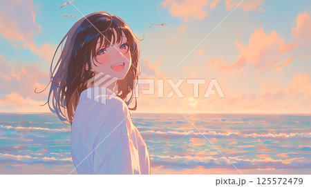 【AI生成画像】漫画タッチの夕暮れの海岸で微笑む女性 125572479
