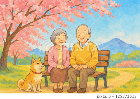 桜咲く公園でほほえむ老夫婦と柴犬の春日和 125572615