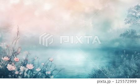 水彩画の花のイメージ、ピンクと水色 125572999