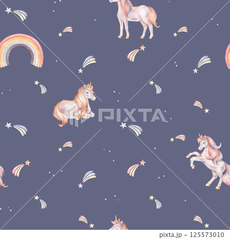 Seamless watercolor pattern with Unicorn and multicolored stars. Hand drawn Illustrations of background for nursery wallpaper, baby textiles or children paper. Pastel colors pony with rainbow Seamless watercolor pattern with Unicorn and multicolored stars. Hand drawn Illustrations of background for nursery wallpaper, baby textiles or children paper. Pastel colors pony with rainbow 125573010