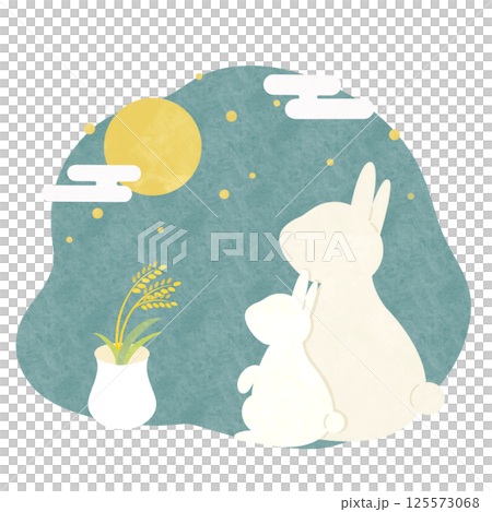 お月見 白い うさぎ 親子 青緑 125573068