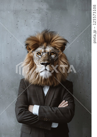 Stylish lion in business attire at office with copy space on plain wall, professional concept 125573108
