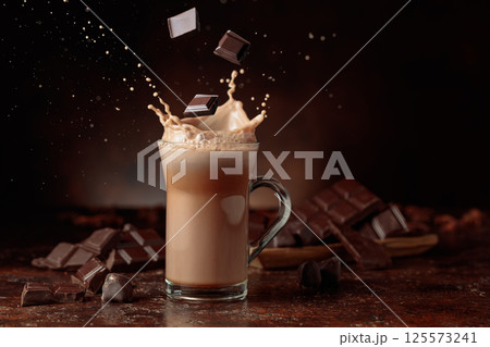 Pieces of bitter chocolate fall in glass mug with cocoa drink. Pieces of bitter chocolate fall in glass mug with cocoa drink. 125573241