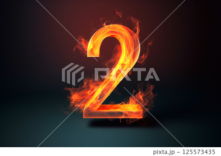 A striking depiction of the number 2 engulfed in vivid red flames, set against a dark background. The fiery design symbolizes passion, duality, and intensity 125573435