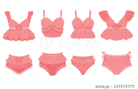 Set of delicate pink underwear. Panties and bras in delicate tones with ruffles and bows. Feminine separate swimsuit isolated from Clothing elements Set of delicate pink underwear. Panties and bras in delicate tones with ruffles and bows. Feminine separate swimsuit isolated from Clothing elements 125573773