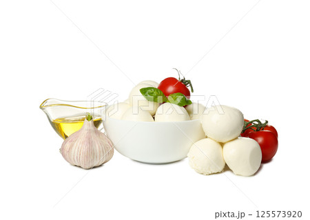 PNG, Balls of mozzarella cheese in bowl, basil, tomatoes, garlic and oil, isolated on white background PNG, Balls of mozzarella cheese in bowl, basil, tomatoes, garlic and oil, isolated on white background 125573920