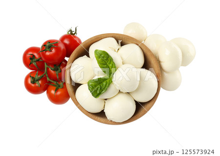 PNG, Mozzarella cheese in bowl, basil and tomato, isolated on white background, top view PNG, Mozzarella cheese in bowl, basil and tomato, isolated on white background, top view 125573924