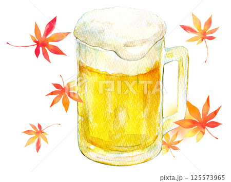 水彩イラスト　秋イメージ　秋の生ビール 125573965