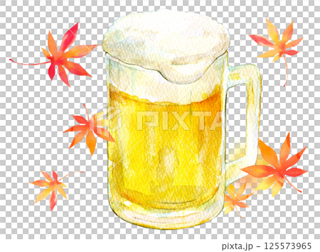 水彩イラスト　秋イメージ　秋の生ビール 125573965