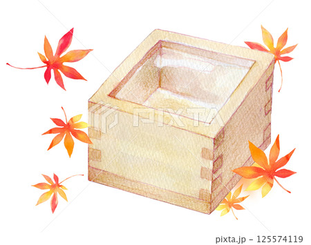 水彩イラスト　秋イメージ　日本酒と紅葉 125574119