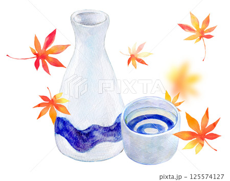 水彩イラスト　秋イメージ　日本酒と紅葉 125574127