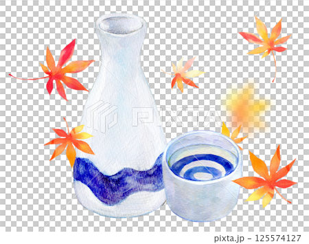 水彩イラスト　秋イメージ　日本酒と紅葉 125574127