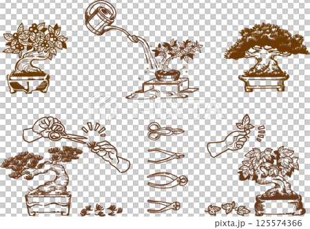 盆栽のお手入れをする線画のイラストセット 125574366