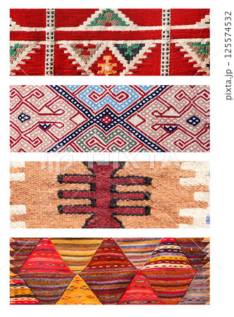 Set of vertical or horizontal banners with textures of berber traditional wool carpet with geometric pattern, Morocco, Africa. Handmade carpets collection Set of vertical or horizontal banners with textures of berber traditional wool carpet with geometric pattern, Morocco, Africa. Handmade carpets collection 125574532