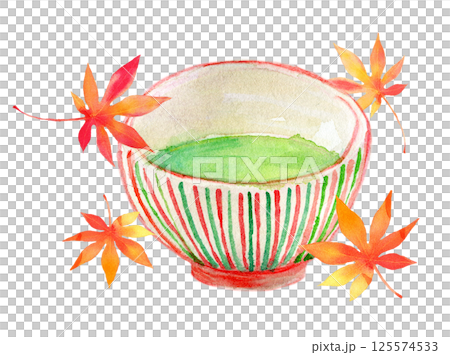 水彩イラスト　秋イメージ　お茶と紅葉 125574533