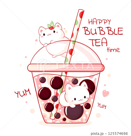 Lovely little kitty in bubble tea cup. Baby card  in kawaii style with cute little pet in Boba Tea cup. Childish print with funny cats for t-shirt  print, stickers, greeting card design. Vector EPS8 125574698