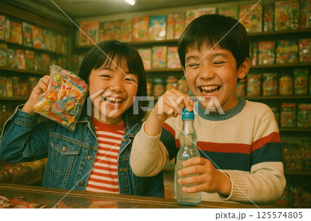 駄菓子屋で笑顔の子どもたち 駄菓子屋で笑顔の子どもたち 125574805