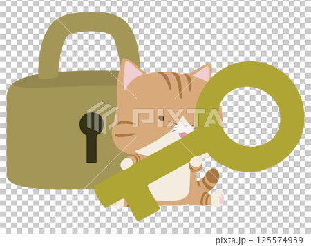 Smiling brown tabby cat holding a key in front of a padlock 125574939