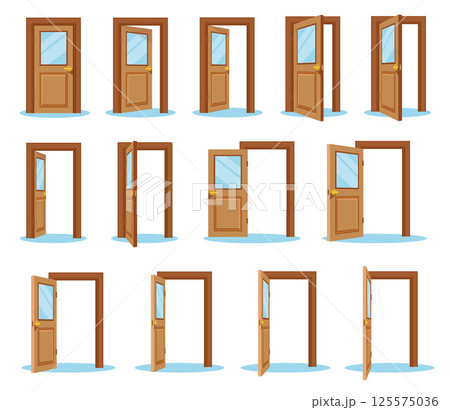 Open Door Sequence Icons. Wooden Glass Doors Set, Entrance and Exit Collection 125575036