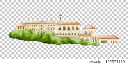 Watercolor Jaffa architecture in Tel Aviv hand drawn illustration isolated on white. Ancient Mediterranean buildings landscape with trees. Urban Italian old town landscape clip art 125575189