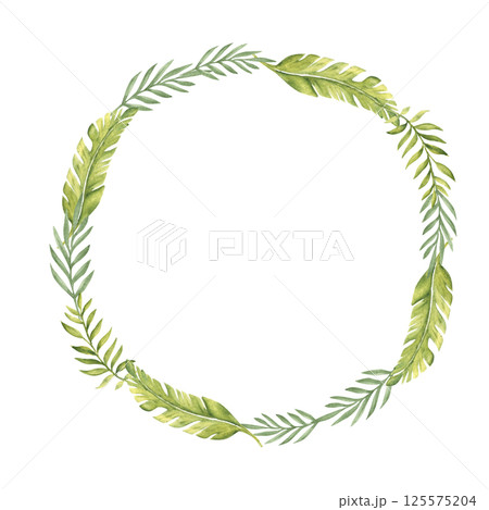 Tropical Leaves Wreath. Circle frame, border. Eucalyptus and Banana Palm. Watercolor Hand drawn botanical illustration isolated on white background. For cards, invitations and logos. Tropical Leaves Wreath. Circle frame, border. Eucalyptus and Banana Palm. Watercolor Hand drawn botanical illustration isolated on white background. For cards, invitations and logos. 125575204