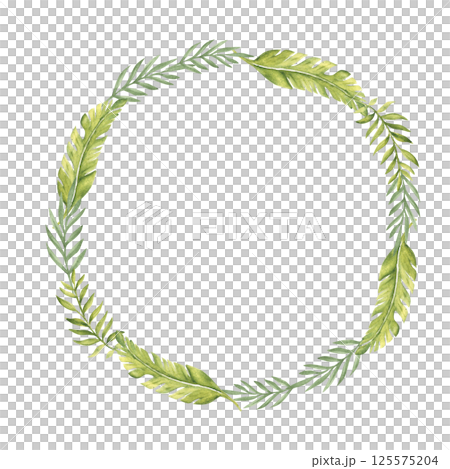 Tropical Leaves Wreath. Circle frame, border. Eucalyptus and Banana Palm. Watercolor Hand drawn botanical illustration isolated on white background. For cards, invitations and logos. Tropical Leaves Wreath. Circle frame, border. Eucalyptus and Banana Palm. Watercolor Hand drawn botanical illustration isolated on white background. For cards, invitations and logos. 125575204