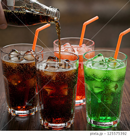 Four glasses filled with colorful fizzy drinks, each with ice cubes and straw, are arranged on wooden table. drinks are being poured, creating refreshing and lively scene 125575392