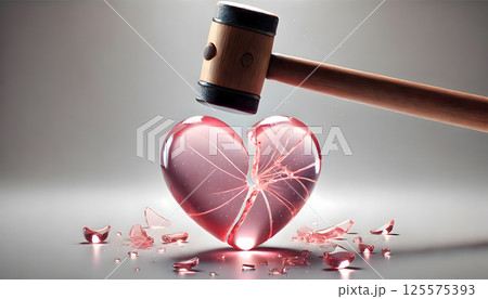 Hammer is poised to break glass heart, symbolizing heartbreak and fragility. shattered pieces reflect emotional turmoil and vulnerability, creating dramatic and poignant scene 125575393